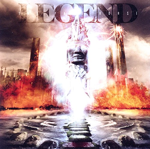 "Album cover art for 'Legend' featuring a futuristic, apocalyptic scene with a glowing statue."
