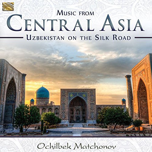 "CD cover with ornate architecture and blue domes at sunset, titled 'Music from Central Asia'."