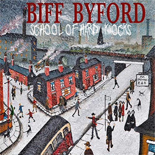 "Biff Byford's 'School of Hard Knocks' vinyl album cover, featuring a snowy industrial scene illustration."
