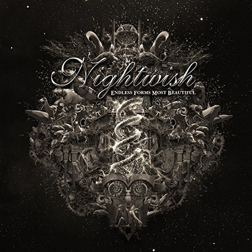 "Nightwish album cover with intricate, silver-toned artwork on a black background."