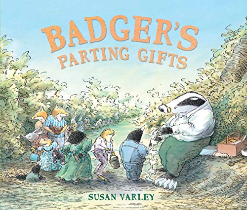 "Children's book cover showing a badger and child walking together, surrounded by leaves."
