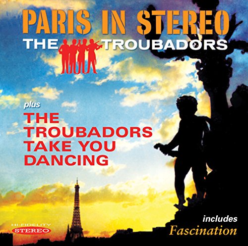 "Album cover with Eiffel Tower and statues against a cloudy sky at sunset."