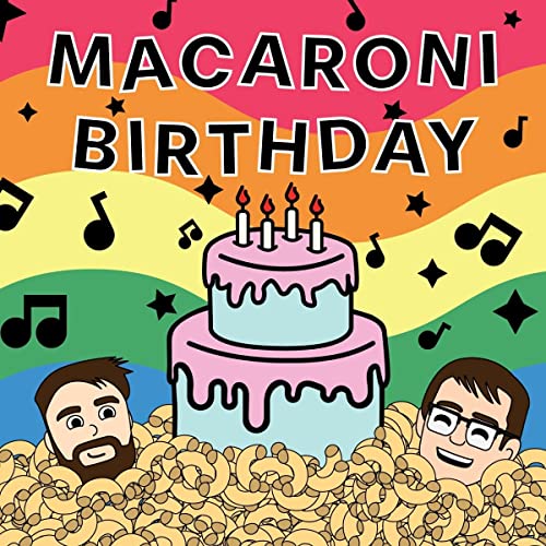 CD cover with birthday cake, musical notes, and illustrated people in macaroni.