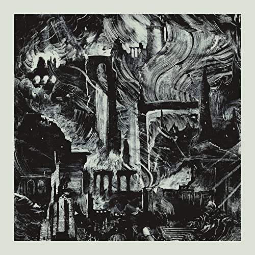 Black and white illustration of a ruined, gothic cityscape.
