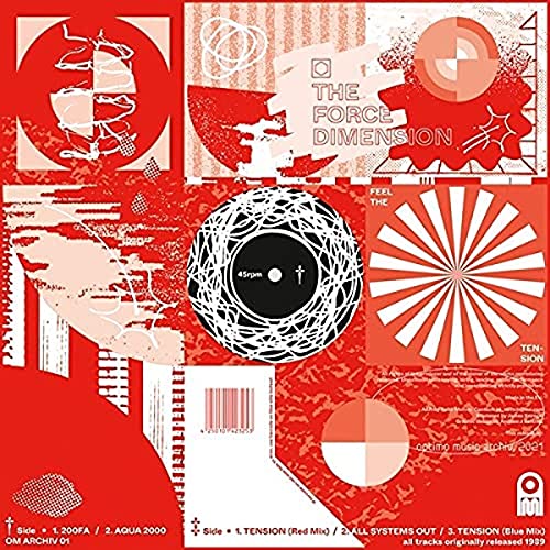Vinyl record cover with abstract red and white geometric shapes and text.