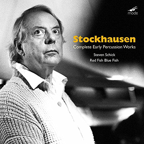 Black and white portrait of composer Karlheinz Stockhausen with album title.