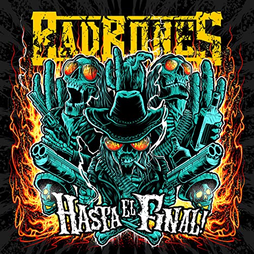 CD cover: Turquoise skeletons with guns, flames, and bold yellow text.