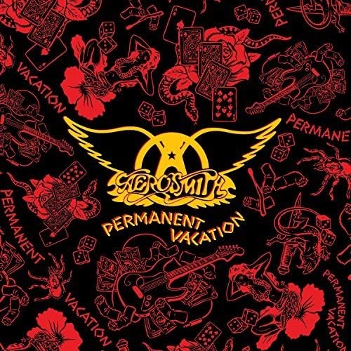 Aerosmith Permanent Vacation album cover with a yellow winged logo on a red-patterned background.
