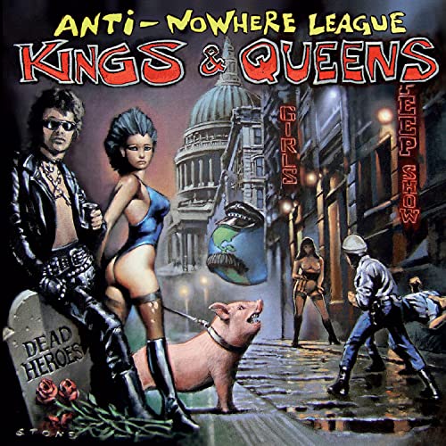 CD cover: punk figures, pig, and city scene in painted style.