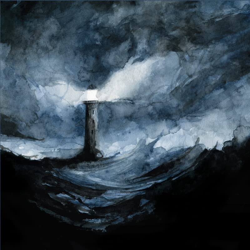 Watercolor painting of a lighthouse amidst stormy, dark blue waves.