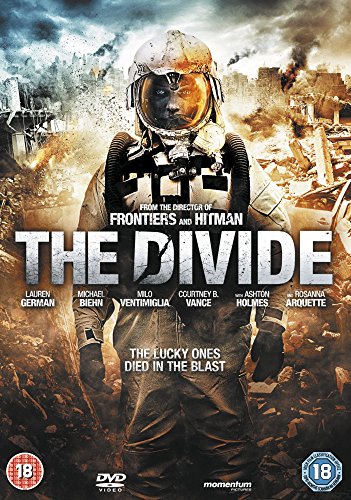 DVD cover for "The Divide" featuring a person in a hazmat suit amid ruins.