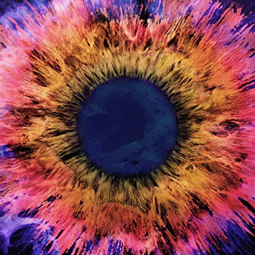 Abstract eye-shaped image with radiating pink, orange, and blue colors.
