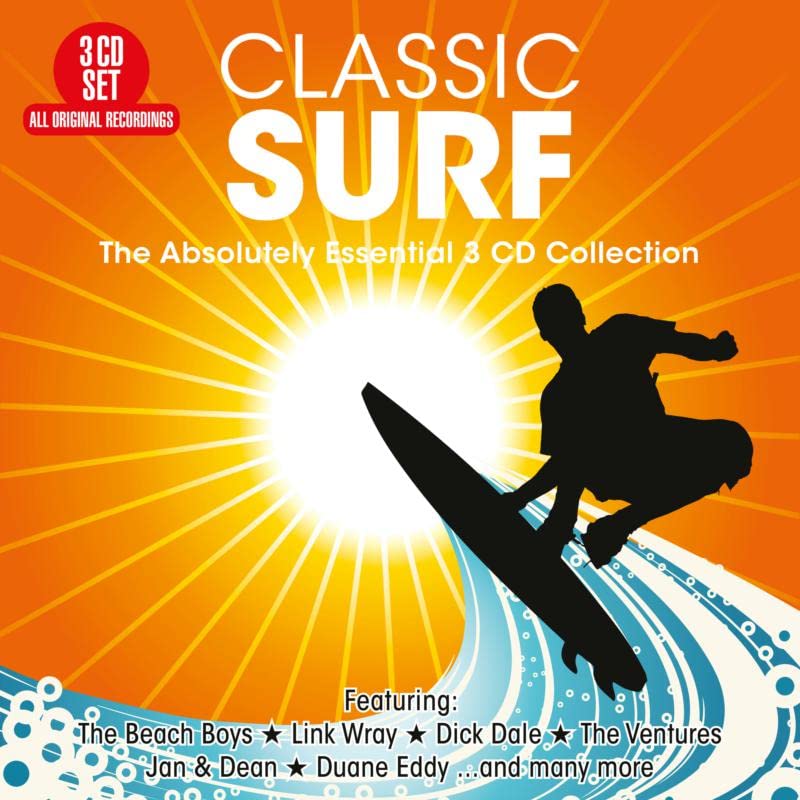 CD cover for "Classic Surf" featuring a silhouetted surfer and orange sunburst.
