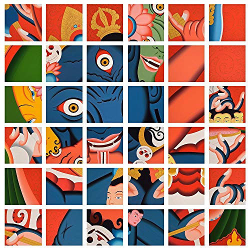 Grid of colorful, detailed close-ups of deity faces and symbolic imagery.