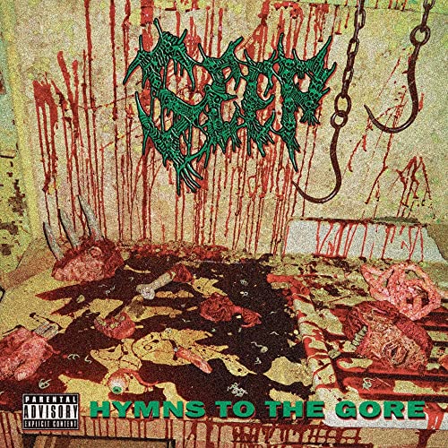 CD cover with gore imagery, blood splatters, and green, spiky band logo.