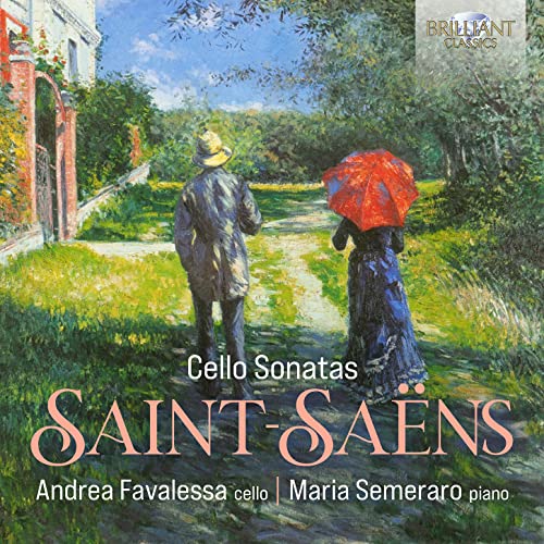 CD cover: couple with umbrella in a garden, text "Saint-Saëns Cello Sonatas".