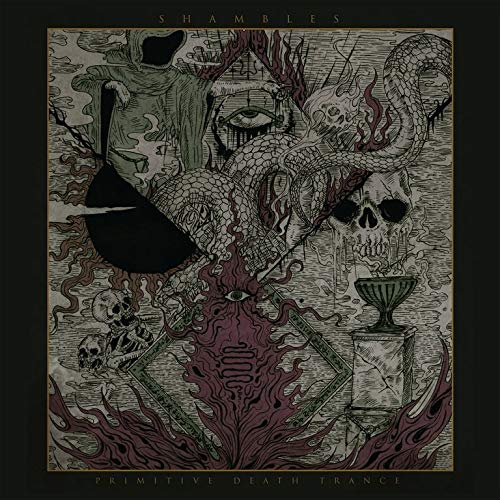 Dark, detailed illustration of skulls, a hooded figure, and a serpent.