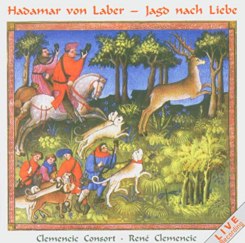 Medieval-style illustration of a hunting scene with riders and hounds.