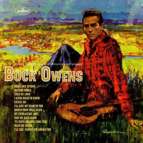Buck Owens album cover: a portrait of a man with a guitar, landscape background.