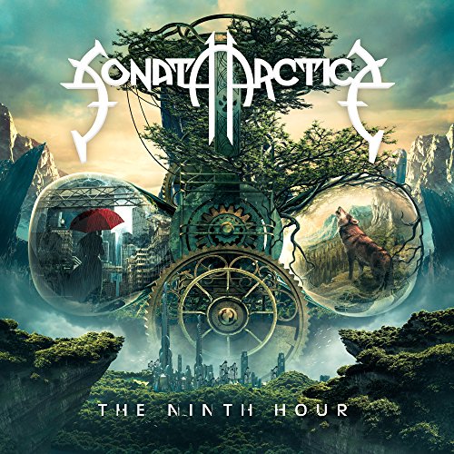 The image depicts the album cover for "The Ninth Hour" by Sonata Arctica, featuring a fantastical scene with a large, ornate clockwork mechanism in the center. The cover art showcases a surreal landscape with a clock face and gears, surrounded by misty mountains and trees. The band's name is written in stylized white text at the top, while the album title is displayed prominently at the bottom. Alt text: "Sonata Arctica album cover featuring