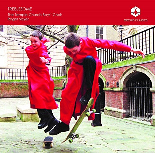 "Album cover: Two boys in red robes skateboarding outside a historic building."