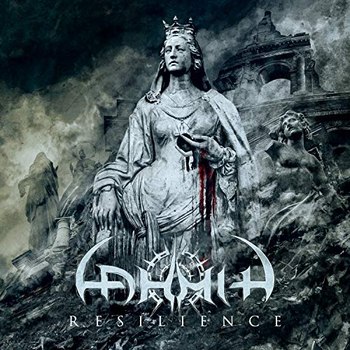 Album cover for Lahmia’s “Resilience” featuring a stone statue and gothic architecture.