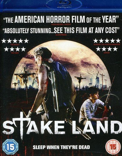 Blu-ray cover for horror film "Stake Land" with figures and crosses.