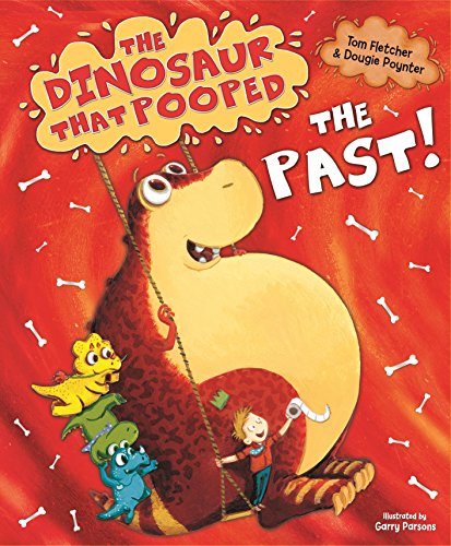 The image depicts a children's book cover featuring a cartoon dinosaur surrounded by historical objects.