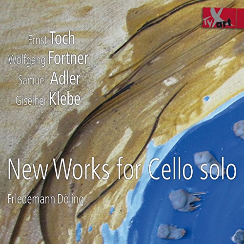 "CD cover with abstract brown and blue painting, white text listing composers and cello solo."