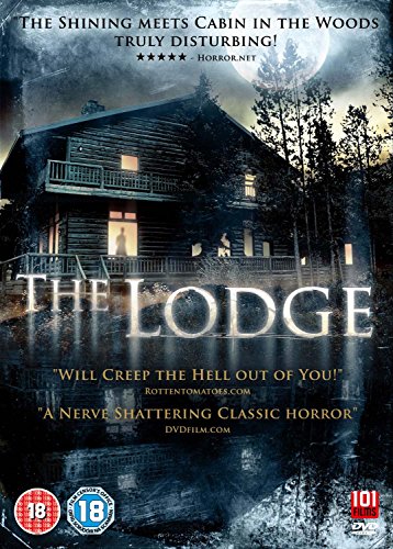 DVD cover for horror film "The Lodge" featuring a dark cabin in woods.