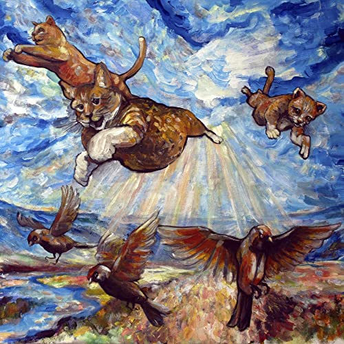 Painted cats leaping through a swirling blue sky with birds.