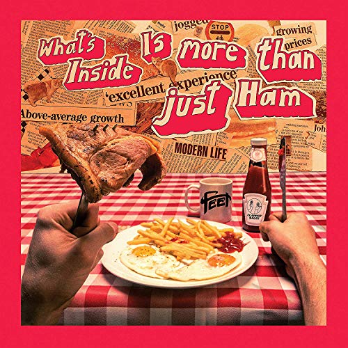 Vinyl record cover with breakfast image: plate of food, hands holding ham and bottle.
