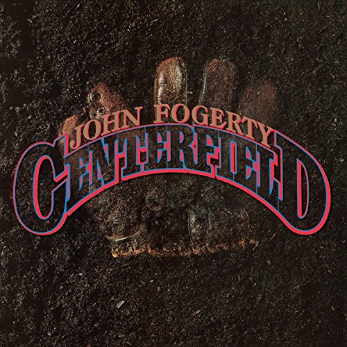 "John Fogerty's 'Centerfield' vinyl album cover featuring a baseball field dirt texture and logo."