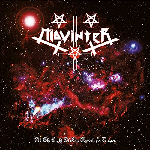 Dark red and blue nebula with band logo and pentagrams above.
