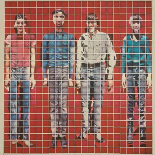 "Album cover featuring four men standing behind a grid on a red background."