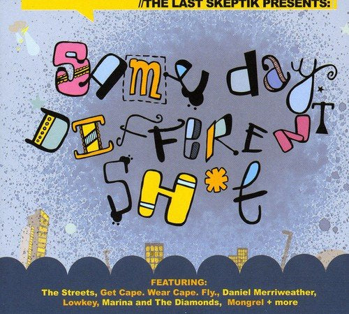Album cover with colorful, stylized text on a grey, splattered background.