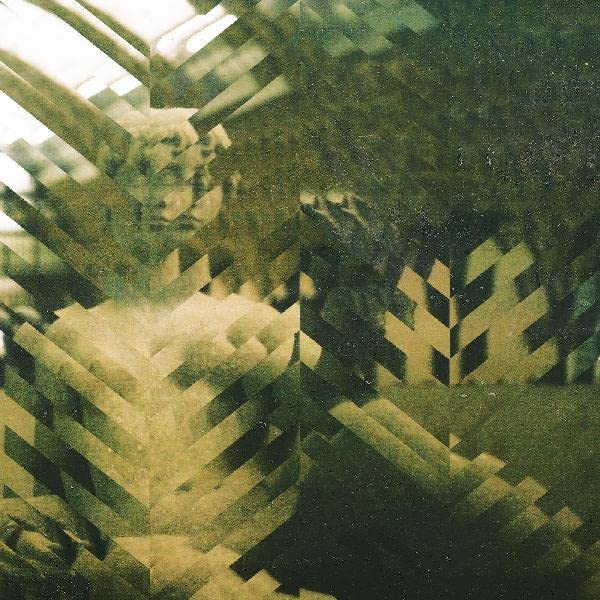 Abstract, pixelated portrait of a person in muted green and gold tones.