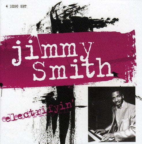 "CD cover with Jimmy Smith's name on a pink banner and a black-and-white photo."