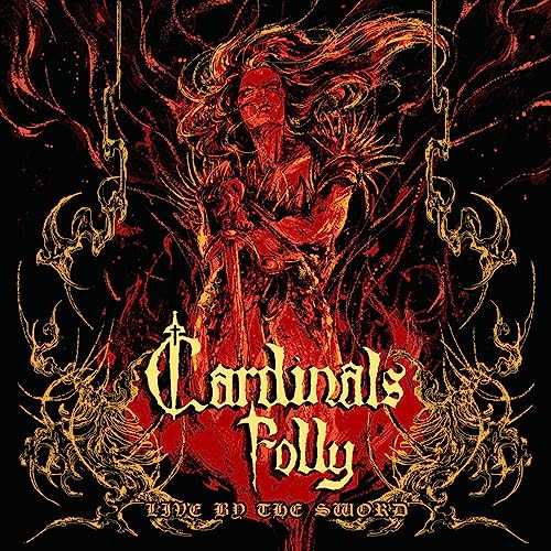 Red and gold album cover featuring a figure with a sword, ornate details.