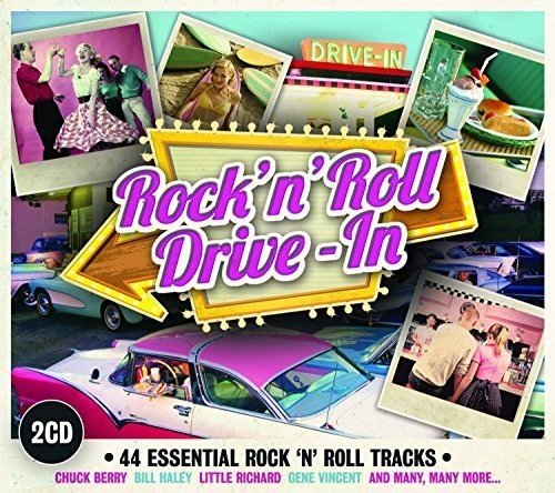 "CD cover with 'Rock 'n' Roll Drive-In' title, retro photos, and classic cars."