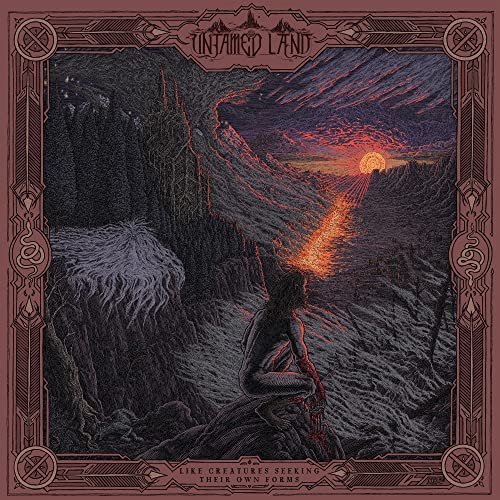 CD cover: dark landscape with a figure and setting sun.