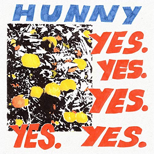 Album cover with abstract black, white, and yellow design and "HUNNY" and "YES." text.