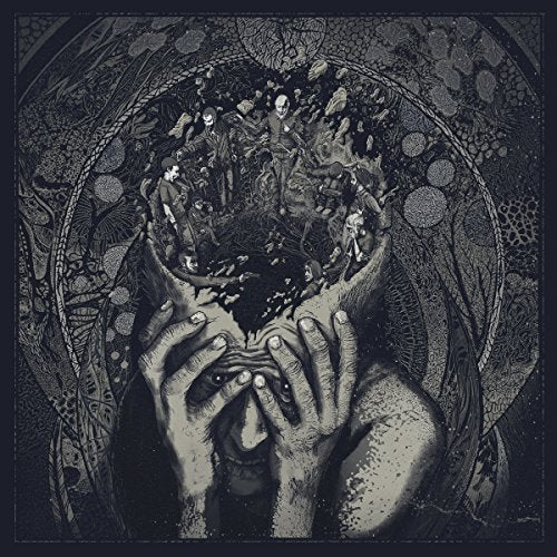 Dark album cover with a person holding their distressed head, surrounded by intricate patterns.