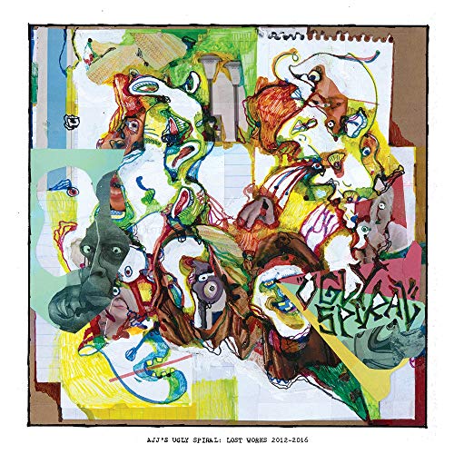 Abstract, colorful collage album cover for AJJ’s “Ugly Spiral: Lost Works.”