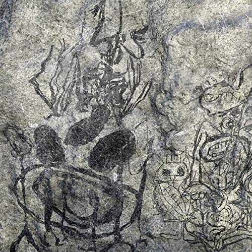 Abstract black and gray sketch of figures on a mottled background.
