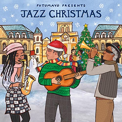 CD cover: illustrated winter scene with musicians playing jazz instruments.