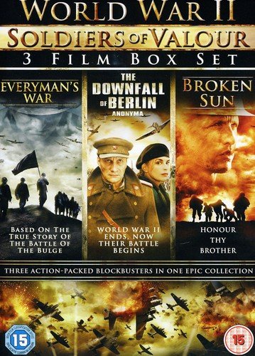 "World War II DVD box set cover with three war-themed movie posters."