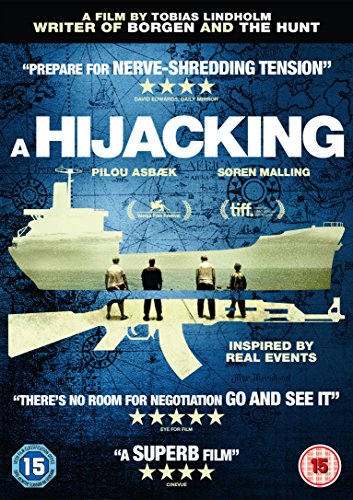 "A Hijacking" DVD cover featuring a ship and four men on its deck.