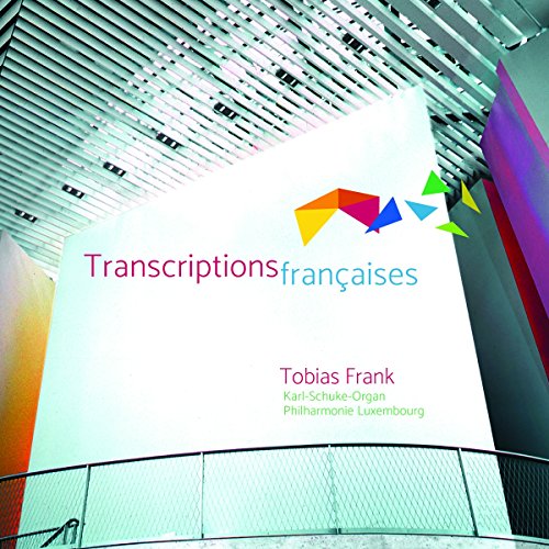 "CD cover with multicolored text and abstract shapes, featuring 'Transcriptions françaises' and 'Tobias Frank'."