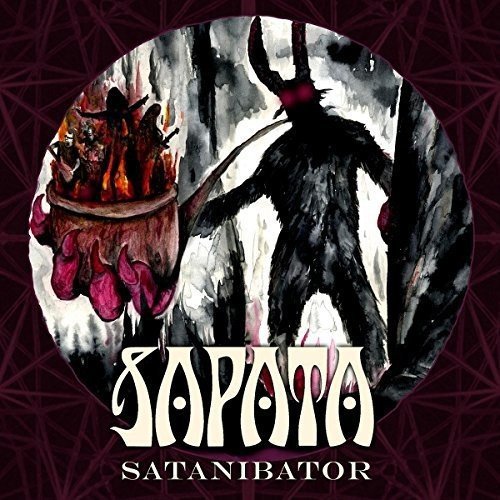 A dark, horned figure holding a sword and a burning cauldron on a maroon background.